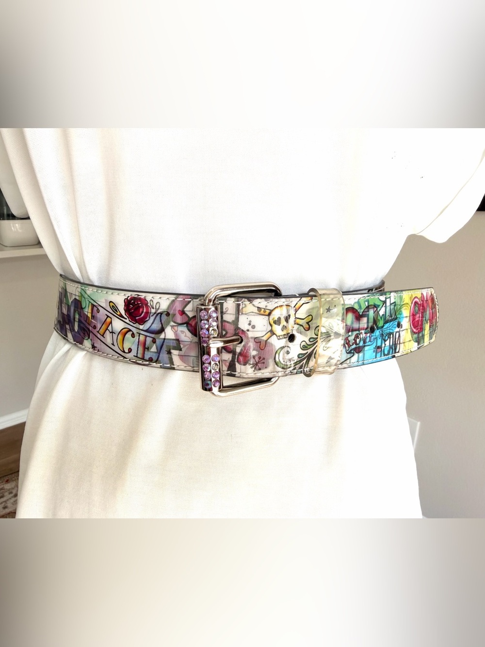 Y2K Holographic Graffiti Tattoo Rhinestone Belt XL Punk Emo